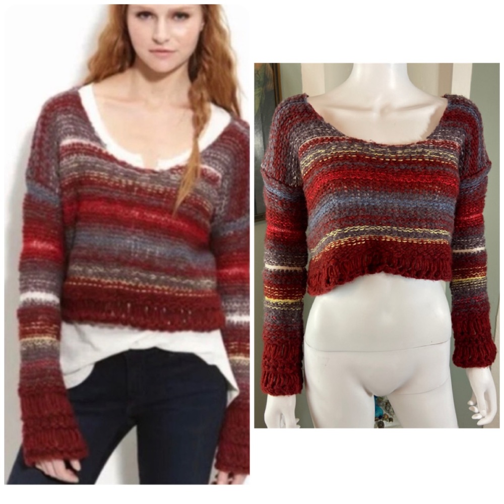 Free People Nordic Red Gray Striped Cropped Bell Sleeve Sweater Small S Chunky